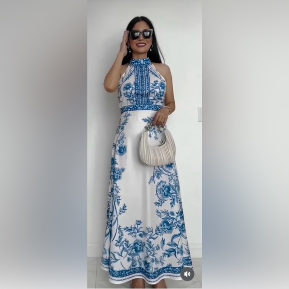 - STYLEWE Blue and White Halter Maxi Sundress - Picture 3 of 4